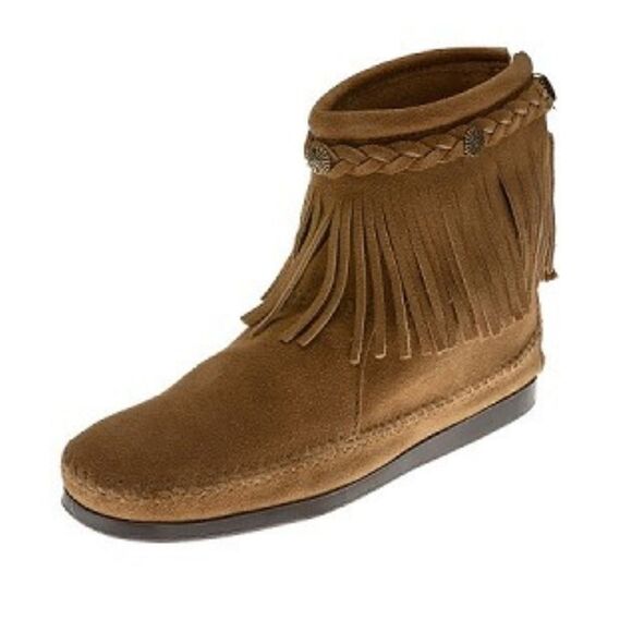 Minnetonka Moccasins 297T - Women's  Fringe Boot Bootie - Taupe Suede 5.5 - Picture 1 of 13